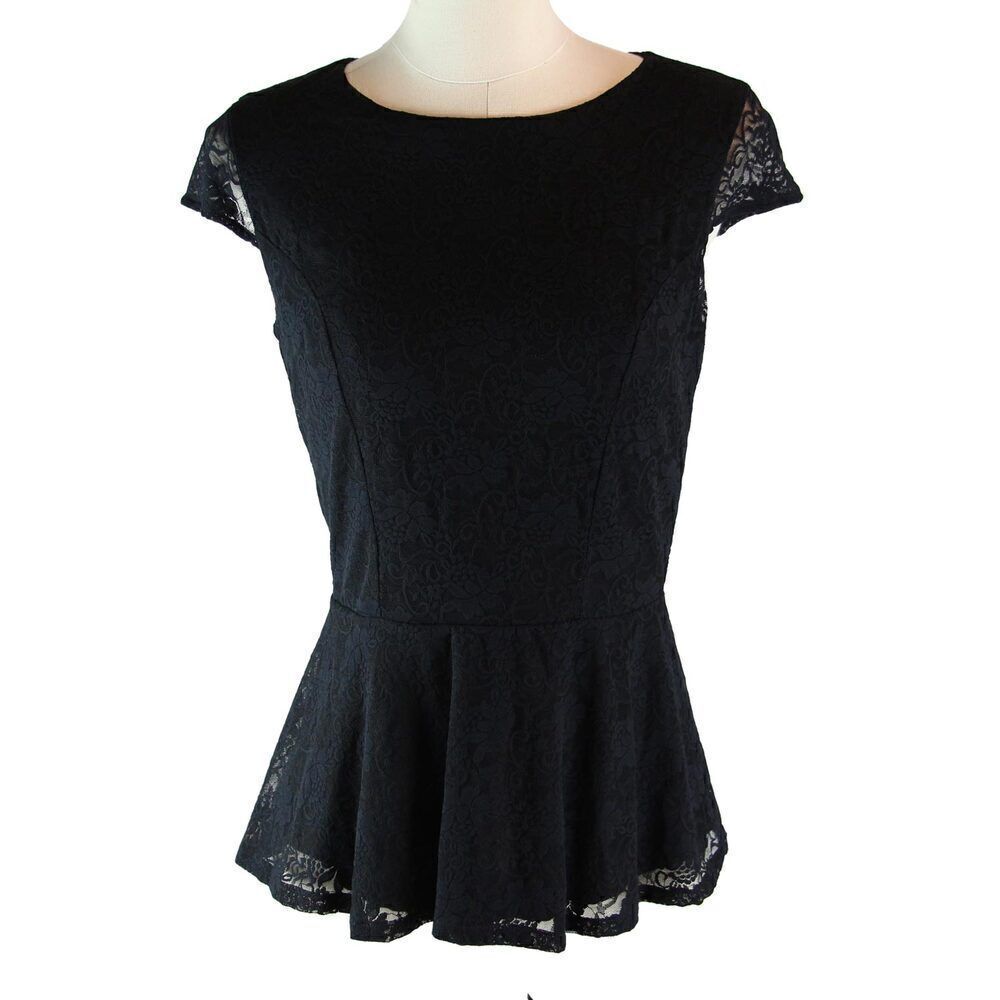 Pre-Loved Guess Women Blouse Black Floral Lace Peplum Button Down Back Top